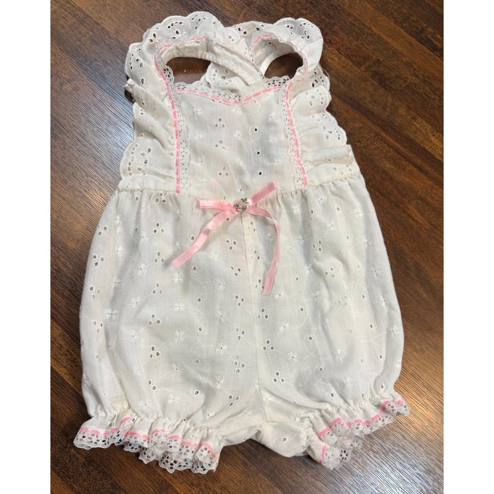 Vintage infant eyelet lace romper with pink trim. Sz 18 months. Girly princess